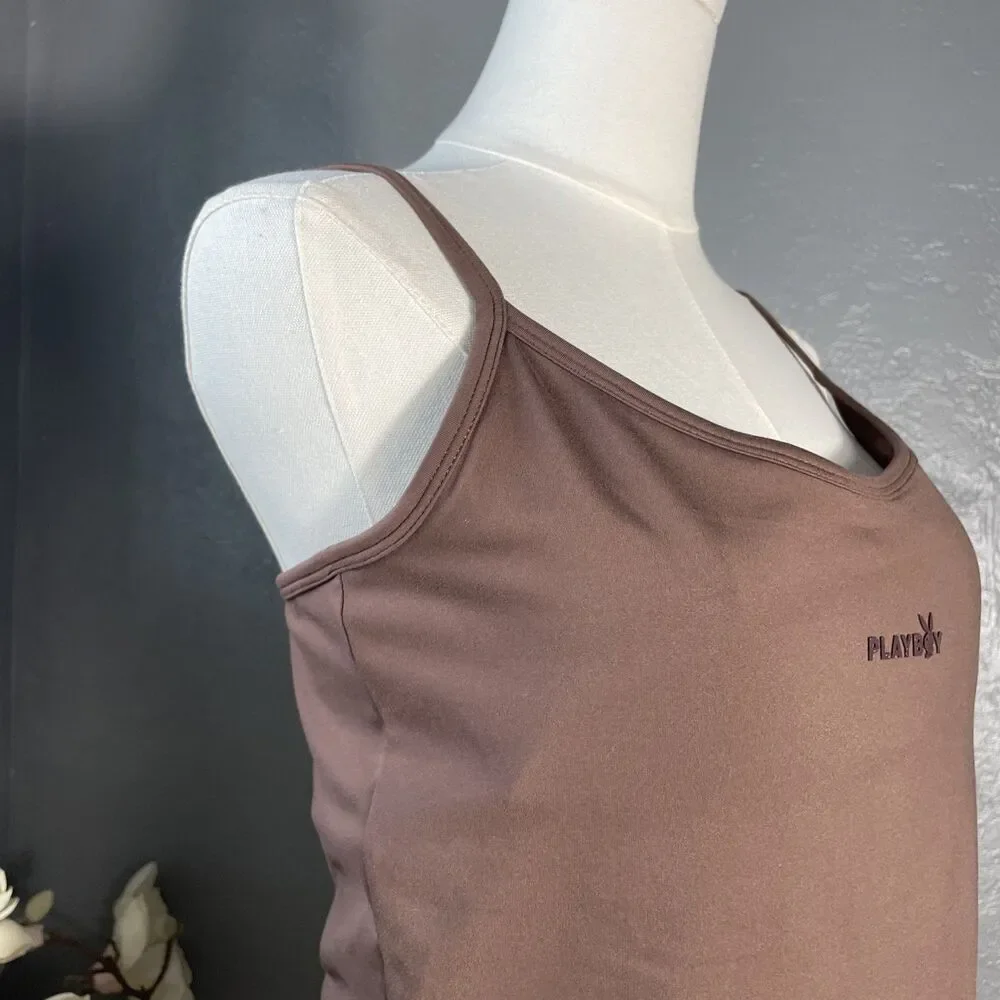 Playboy Sports Bra Adjustable Spagetti Straps Brown Bunny Logo Crop Top XL